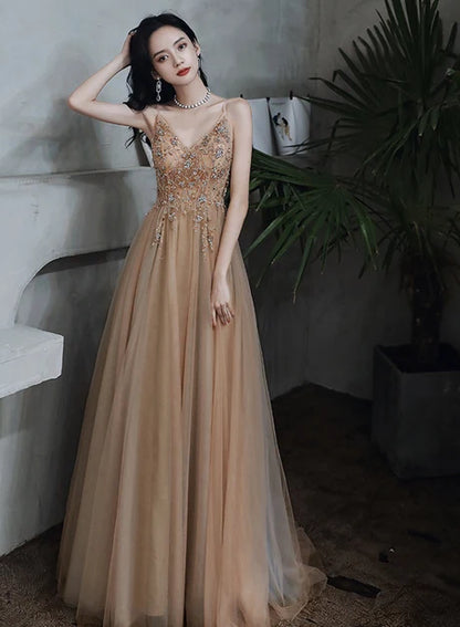 Champagne Spaghetti Strap V Neck Beaded Tulle A Line Prom Dress