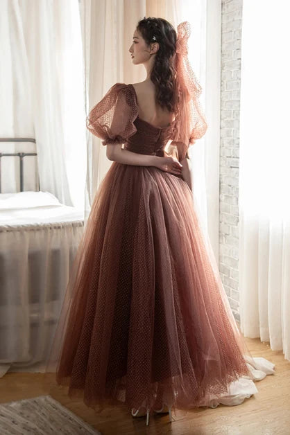Cinnamon Dotted Tulle A-Line Square Neck Zipper Back Floor-Length Dress Back View - Aabei Dress