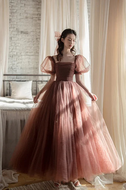 Cinnamon Dotted Tulle A-Line Square Neck Zipper Back Floor-Length Dress Front View - Aabei Dress