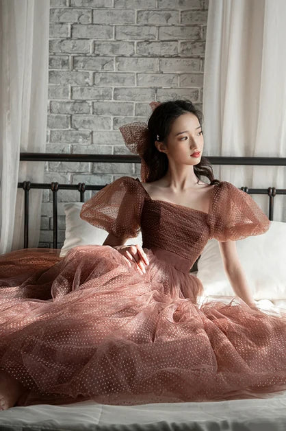 Cinnamon Dotted Tulle A-Line Square Neck Zipper Back Floor-Length Dress - Aabei Dress