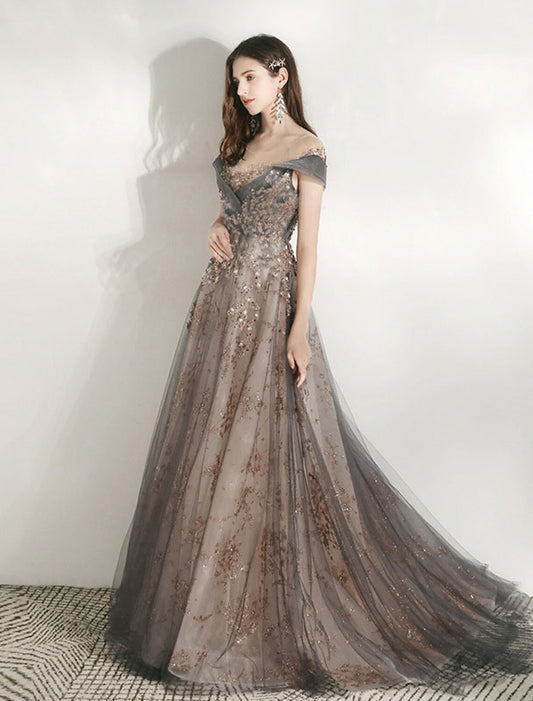 A-Line Prom Dresses Jewel Neck Short Sleeve Beautiful Back Floor Length Tulle with Crystals / Bandage