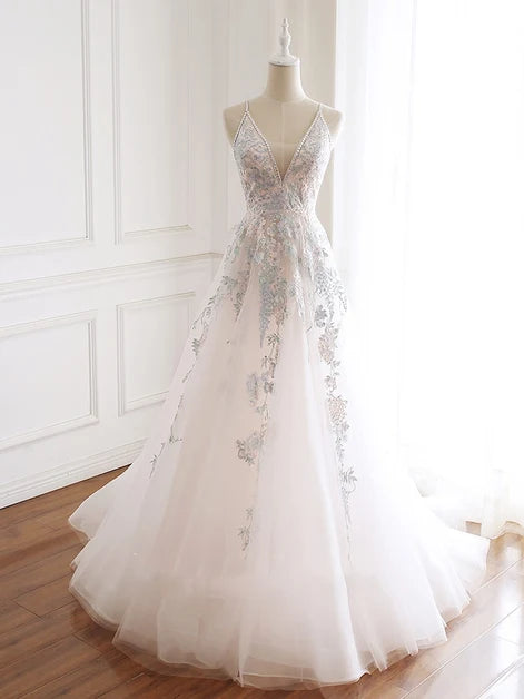 Ivory Spaghetti Strap V Neck Tulle Wedding Dress Colorful Floral Lace Appliques
