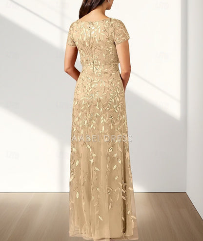 AABEI DRESS Wedding Guest Dress Elegant A-Line Crew Neck Short Sleeve Lace Floor Length Mother of the Bride Dress