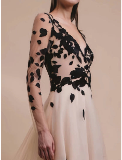 A-Line Evening Gown Champagne Gold Elegant Dress Formal Wedding Guest Sweep / Brush Train Long Sleeve V Neck Tulle with Embroidery Prom Dresses