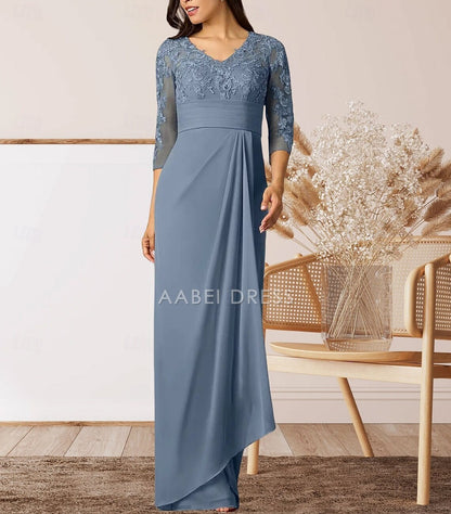AABEI DRESS Wedding Guest Dress Elegant Sheath V Neck 3/4 Length Sleeve High Split Floor Length with Ruffles Appliques Ruching Mother of the Bride Dress