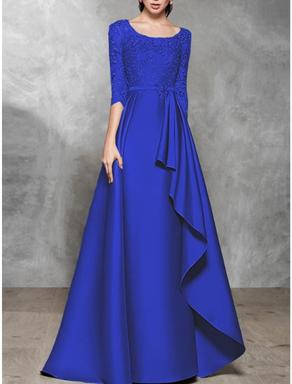 A-Line Evening Gown Black Dress Plus Size Elegant Dress Formal Wedding Floor Length Half Sleeve Scoop Neck Satin with Pleats Mother of the Bride Dresses
