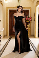 Black Mermaid Off Shoulder Corset Side Train Slit Prom Gown