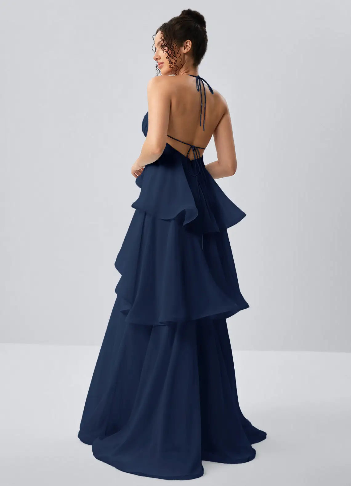 Dark Navy Chiffon Tiered Halter Tie-Back Floor-Length Dress Back View - Aabei Dress
