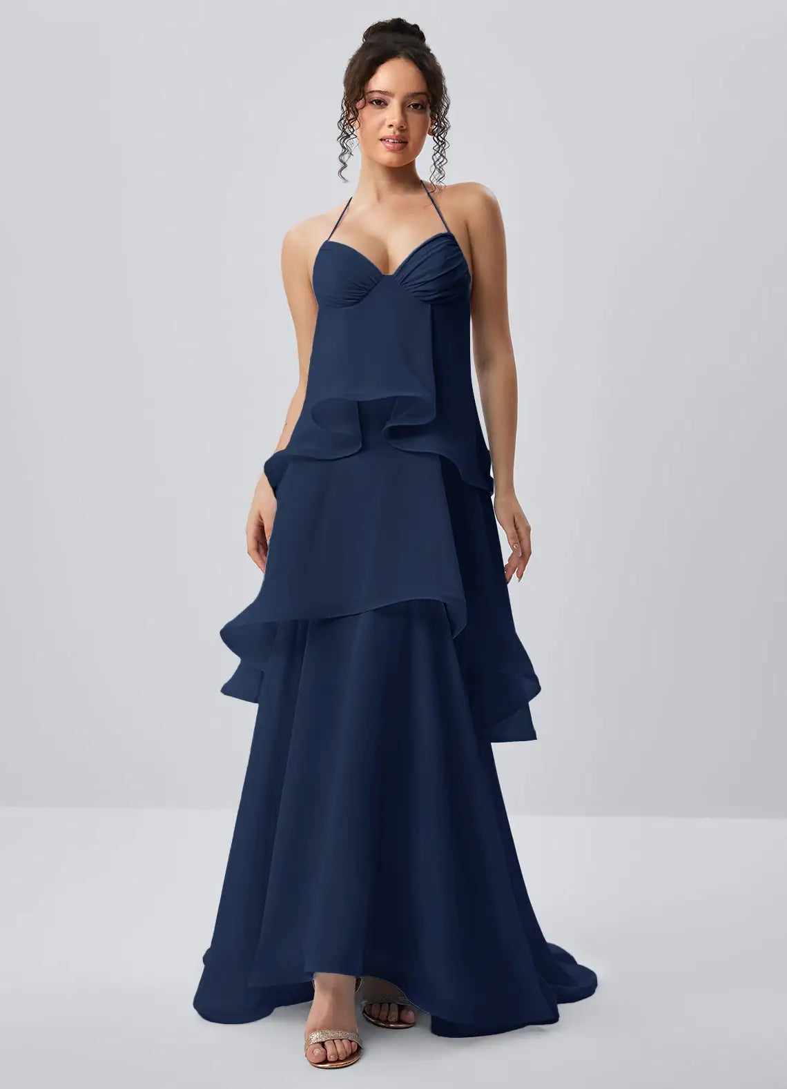 Dark Navy Chiffon Tiered Halter Tie-Back Floor-Length Dress Front View - Aabei Dress