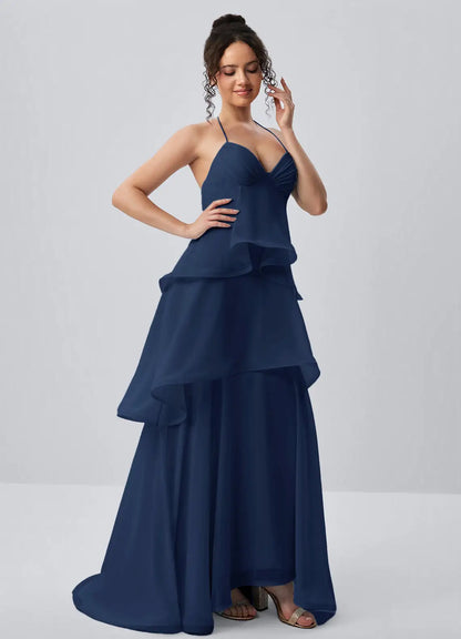 Dark Navy Chiffon Tiered Halter Tie-Back Floor-Length Dress - Aabei Dress