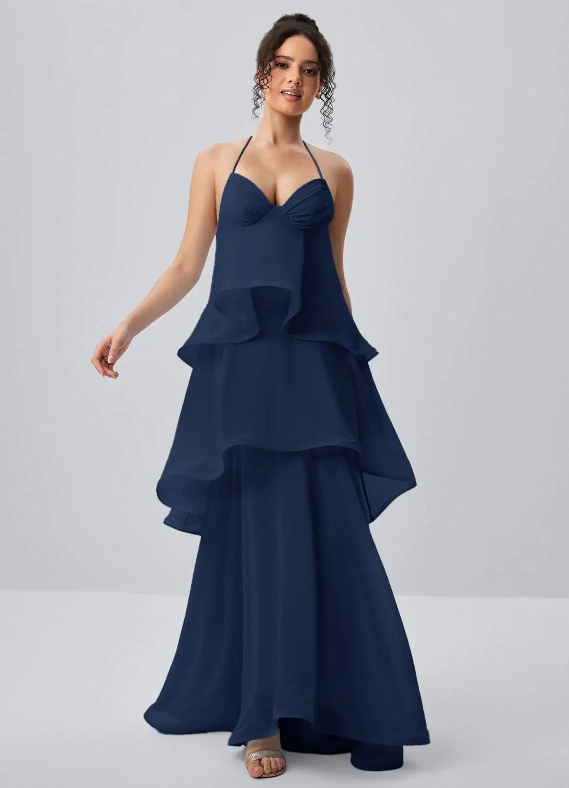 Dark Navy Chiffon Tiered Halter Tie-Back Floor-Length Dress - Aabei Dress