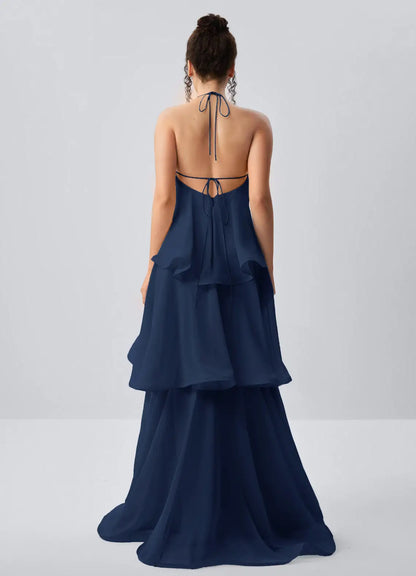 Dark Navy Chiffon Tiered Halter Tie-Back Floor-Length Dress - Aabei Dress