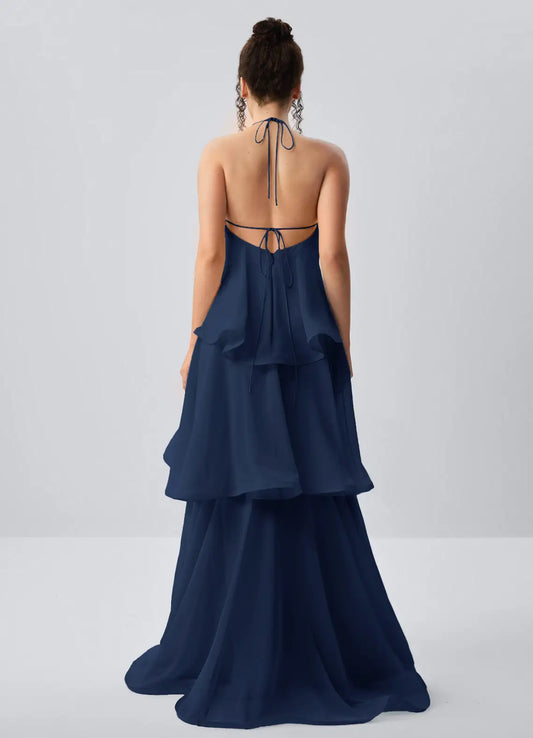 Dark Navy Chiffon Tiered Halter Tie-Back Floor-Length Dress - Aabei Dress