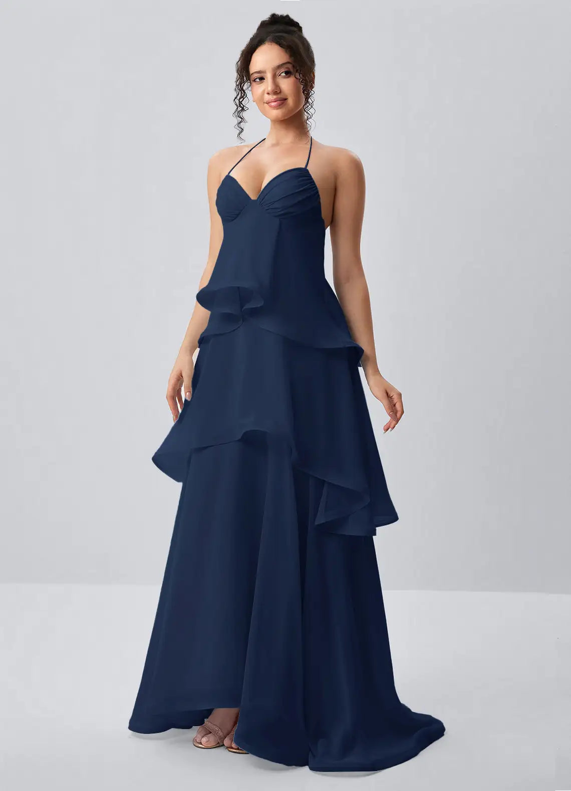 Dark Navy Chiffon Tiered Halter Tie-Back Floor-Length Dress - Aabei Dress