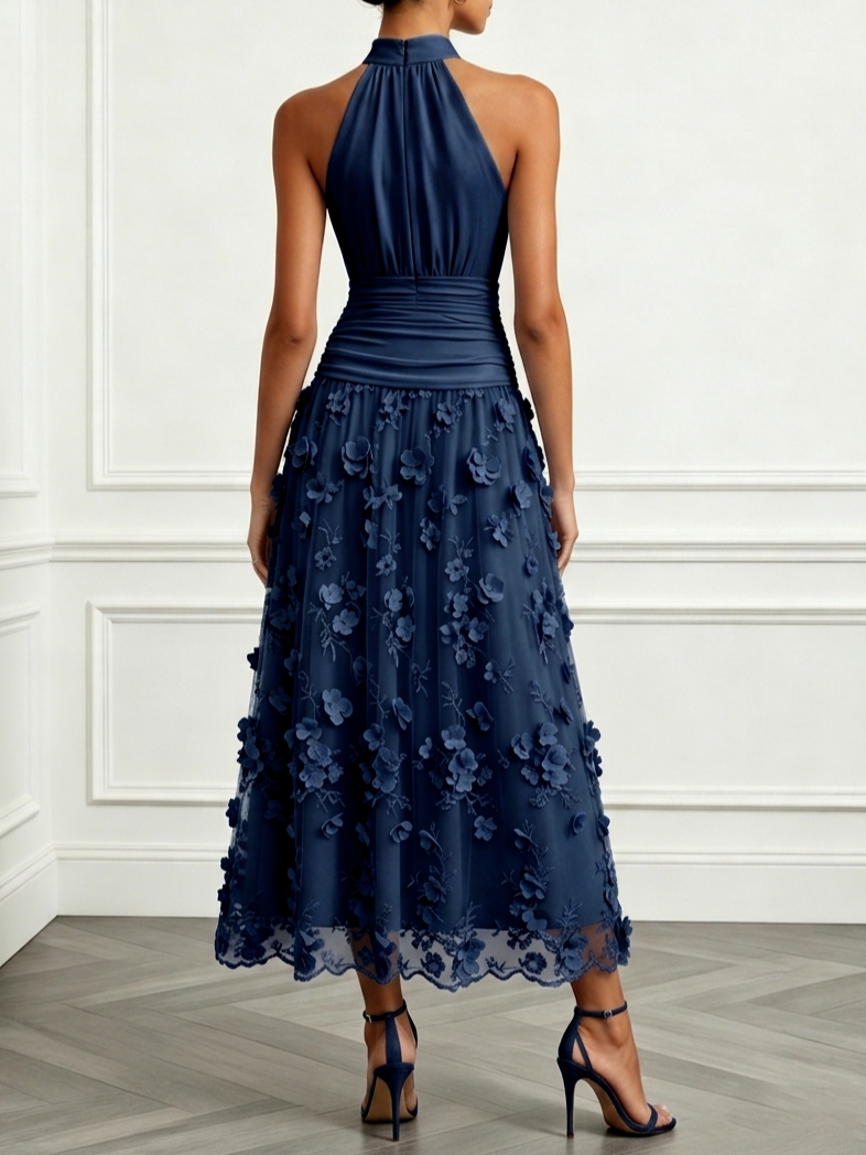 Dark Navy Mesh A-Line Halter Back Zip Ankle-Length Dress Back View - Aabei Dress