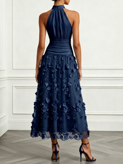 Dark Navy Mesh A-Line Halter Back Zip Ankle-Length Dress Back View - Aabei Dress