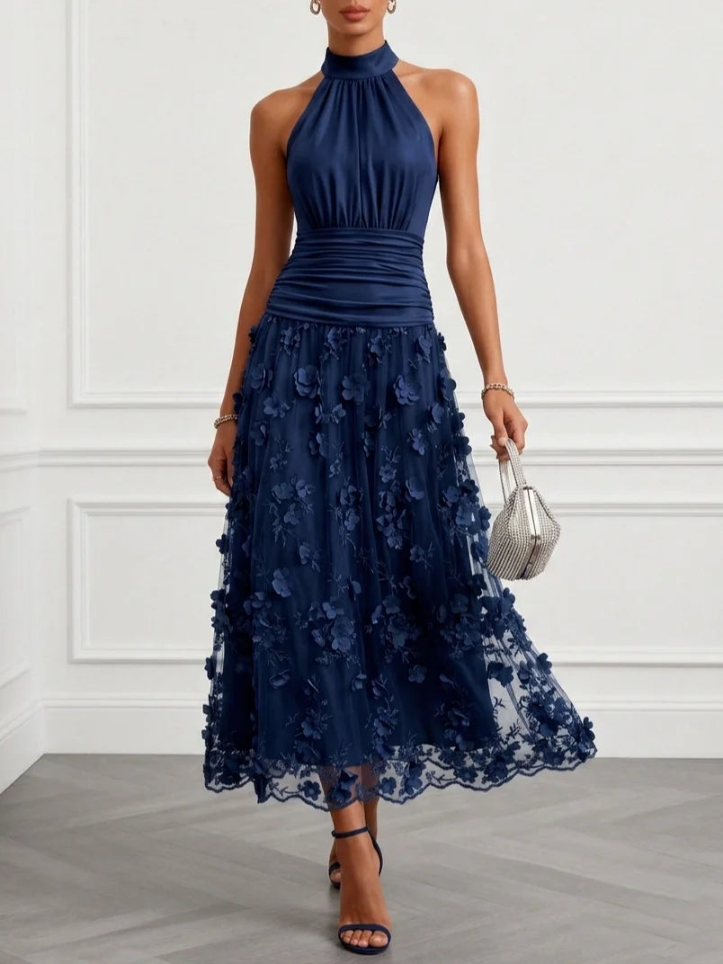 Dark Navy Mesh A-Line Halter Back Zip Ankle-Length Dress Front View - Aabei Dress