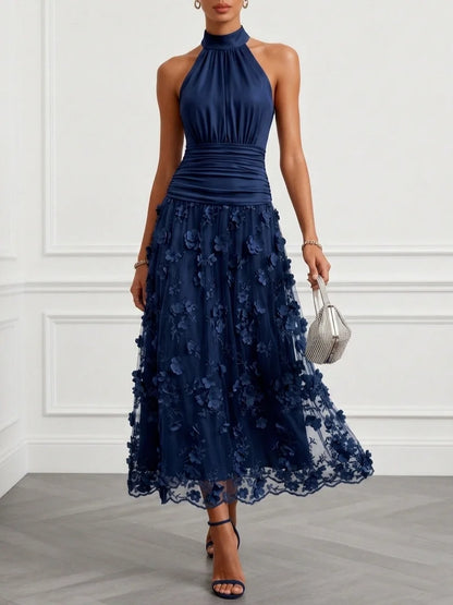 Dark Navy Mesh A-Line Halter Back Zip Ankle-Length Dress Front View - Aabei Dress