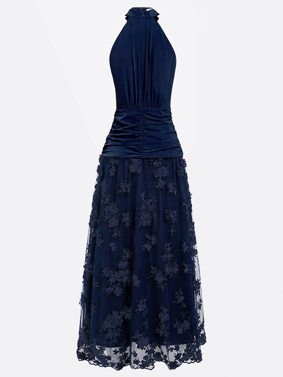 Dark Navy Mesh A-Line Halter Back Zip Ankle-Length Dress - Aabei Dress