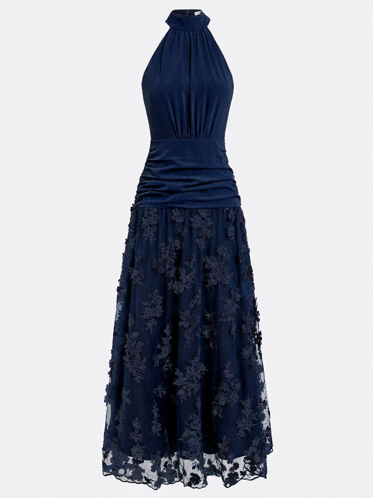 Dark Navy Mesh A-Line Halter Back Zip Ankle-Length Dress - Aabei Dress