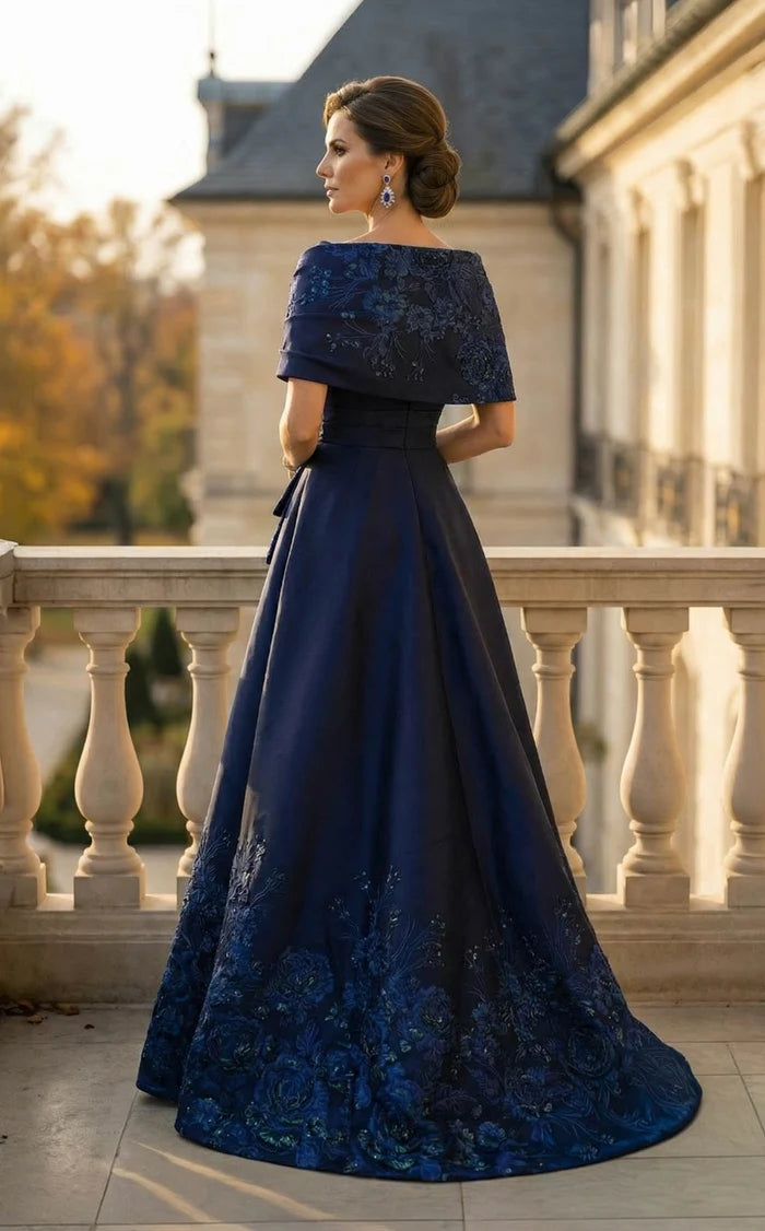Dark Navy Satin A-Line Off-the-Shoulder Back Zip Floor-Length Dress Back View - Aabei Dress