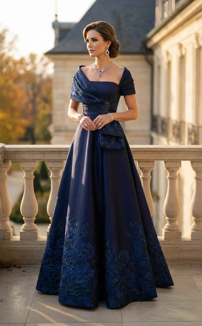 Dark Navy Satin A-Line Off-the-Shoulder Back Zip Floor-Length Dress Front View - Aabei Dress