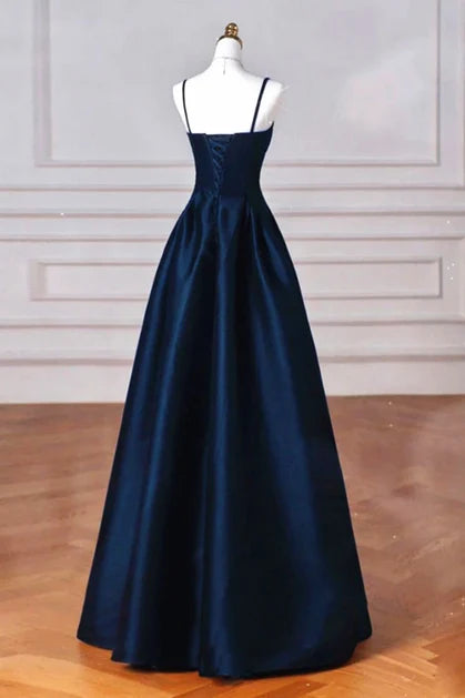 Dark Navy Satin A-Line Sweetheart Lace-up Floor-Length Dress Back View - Aabei Dress
