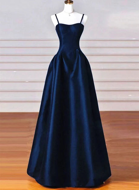 Dark Navy Satin A-Line Sweetheart Lace-up Floor-Length Dress Front View - Aabei Dress