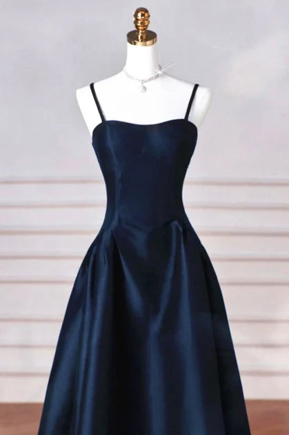 Dark Navy Satin A-Line Sweetheart Lace-up Floor-Length Dress - Aabei Dress
