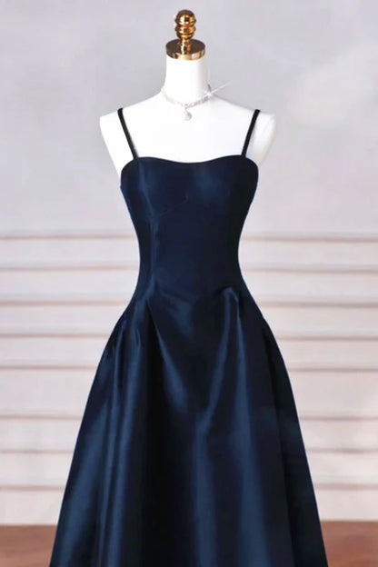 Dark Navy Satin A-Line Sweetheart Lace-up Floor-Length Dress - Aabei Dress