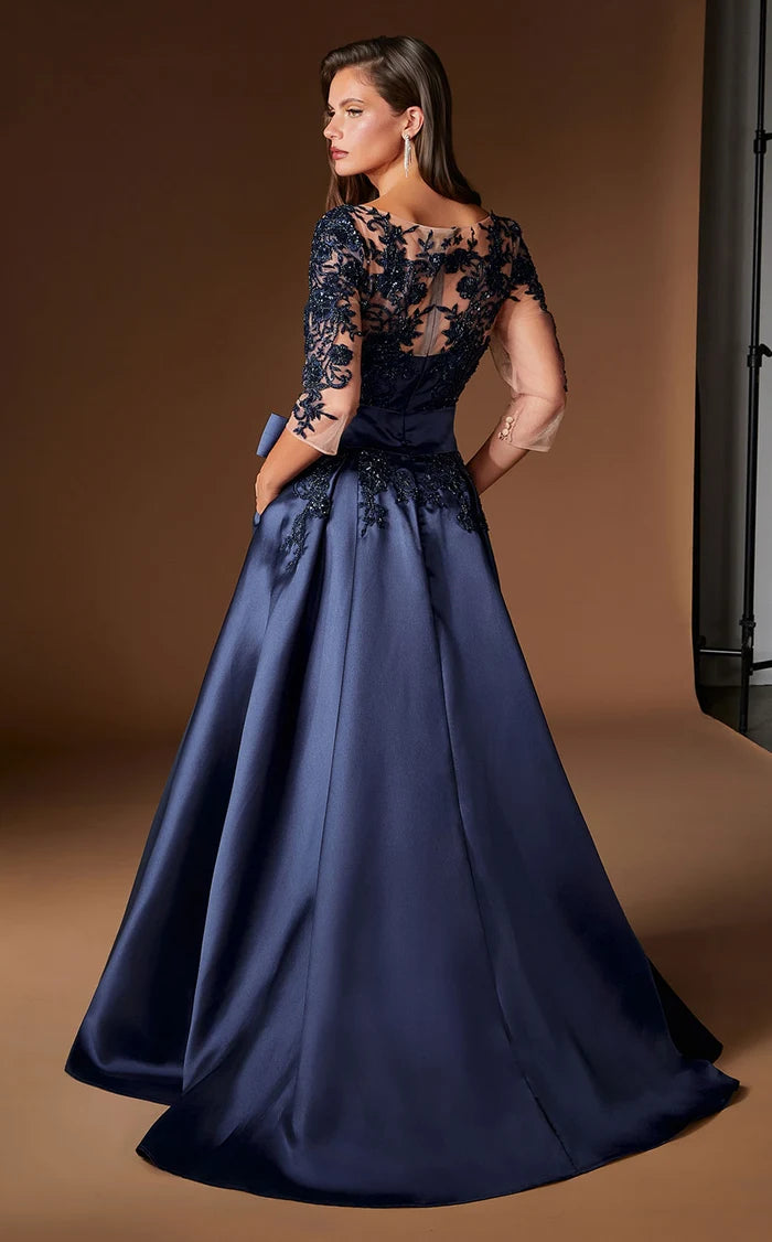 Dark Navy Satin and Lace a-line illusion-neck illusion-back floor-length Dress Back View - Aabei Dress