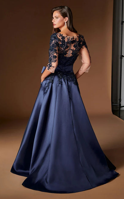 Dark Navy Satin and Lace a-line illusion-neck illusion-back floor-length Dress Back View - Aabei Dress