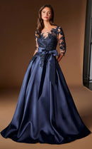 Dark Navy Satin and Lace a-line illusion-neck illusion-back floor-length Dress Front View - Aabei Dress
