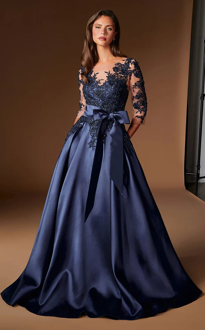 Dark Navy Satin and Lace a-line illusion-neck illusion-back floor-length Dress Front View - Aabei Dress