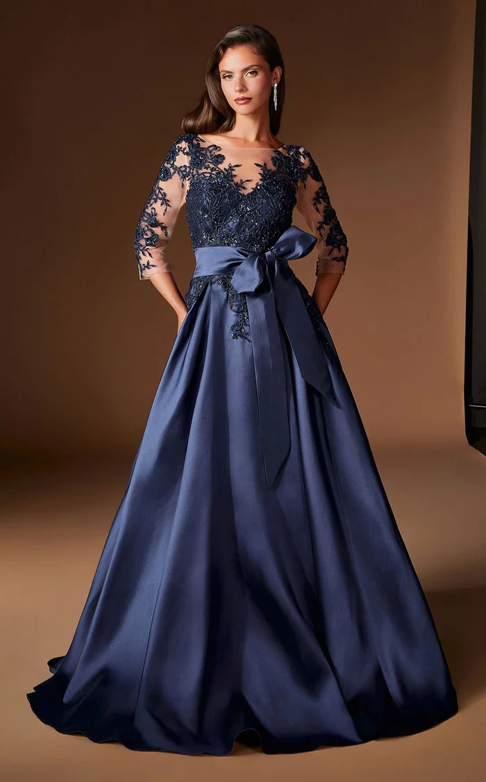 Dark Navy Satin and Lace a-line illusion-neck illusion-back floor-length Dress - Aabei Dress