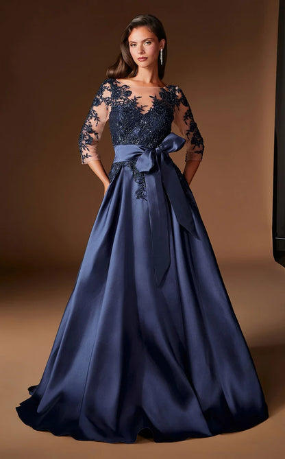 Dark Navy Satin and Lace a-line illusion-neck illusion-back floor-length Dress - Aabei Dress