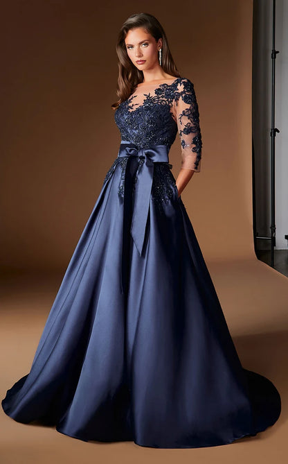 Dark Navy Satin and Lace a-line illusion-neck illusion-back floor-length Dress - Aabei Dress