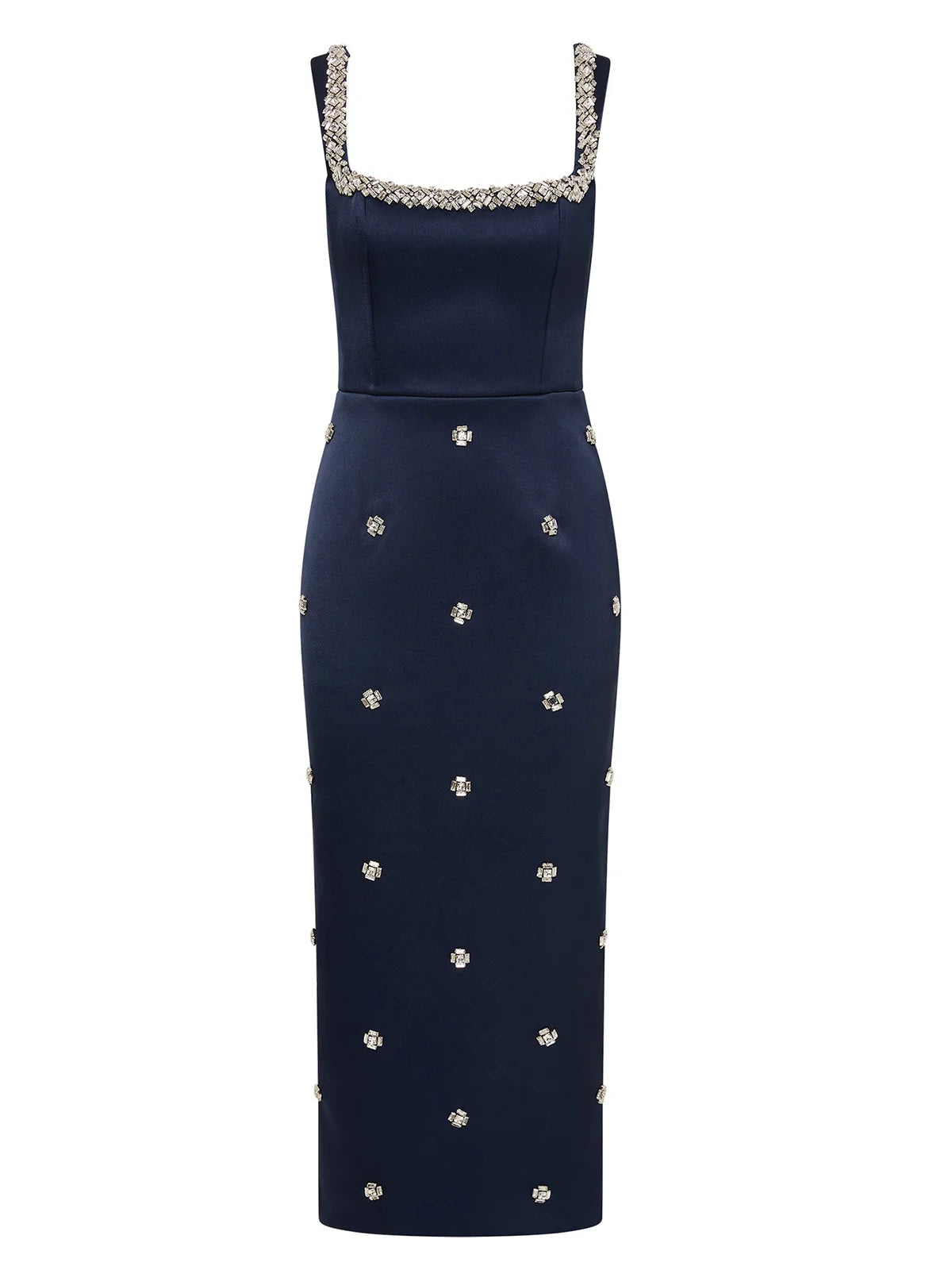 Dark Navy Satin Sheath Column Square Neck Scoop Back Midi Dress - Aabei Dress