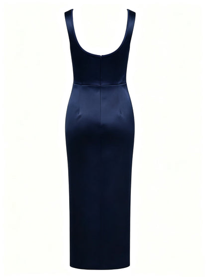 Dark Navy Satin Sheath Column Square Neck Scoop Back Midi Dress - Aabei Dress