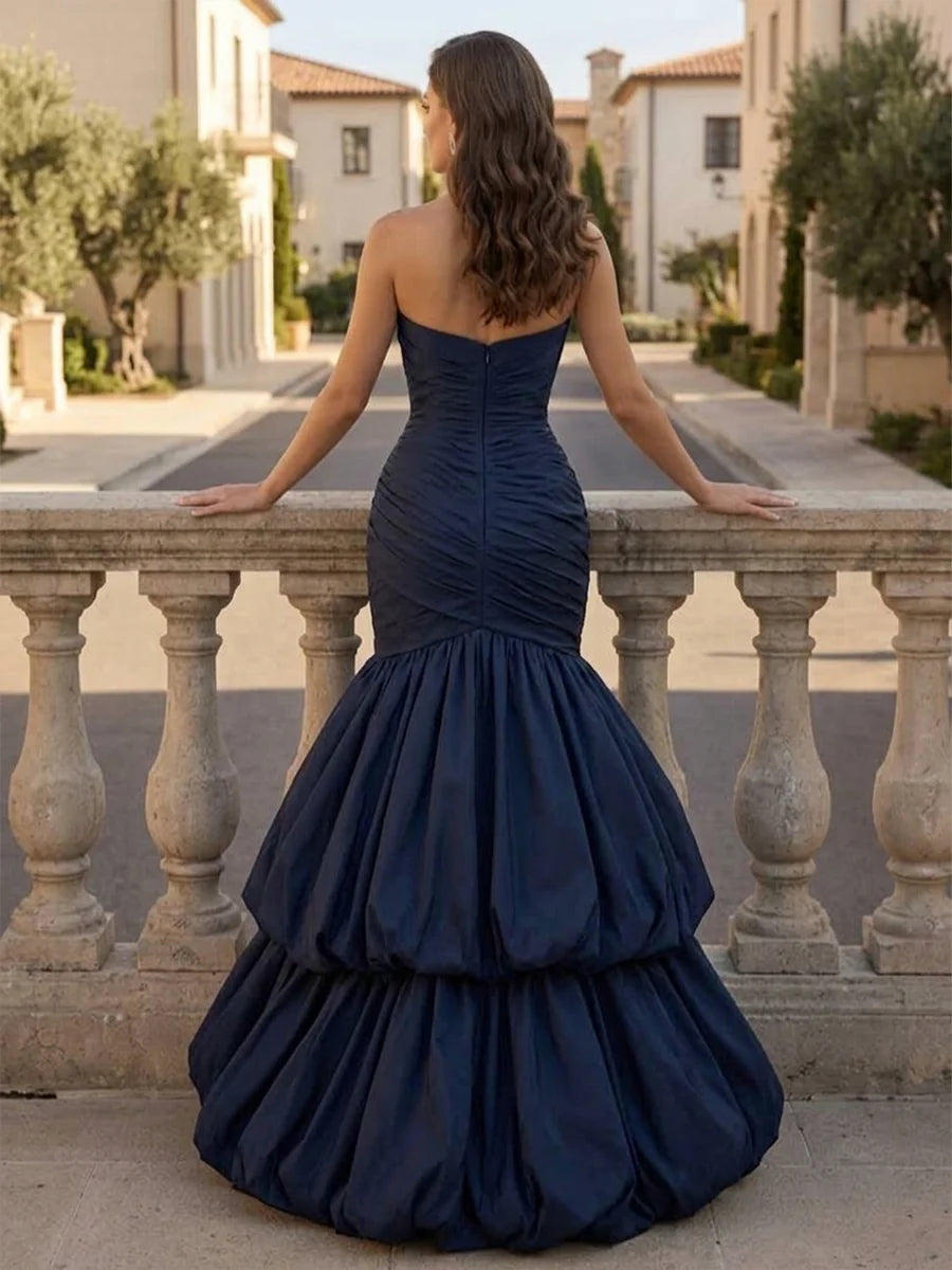 Dark Navy Taffeta Mermaid Sweetheart Zipper Back Floor-Length Dress - Aabei Dress