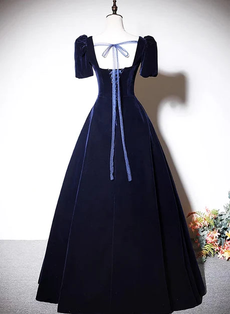 Dark Navy Velvet A-Line Square Neck Lace-up Floor-Length Dress Back View - Aabei Dress