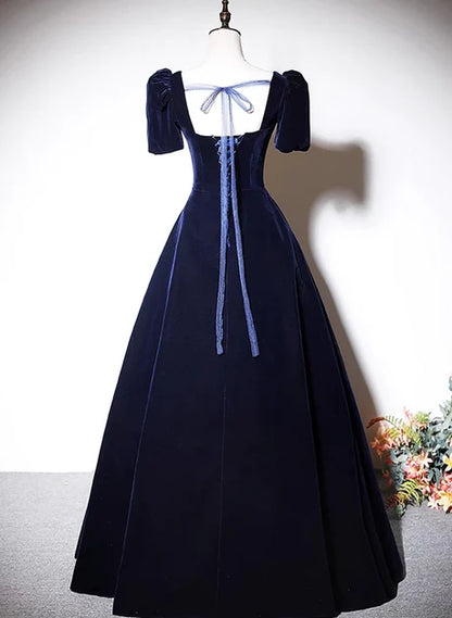 Dark Navy Velvet A-Line Square Neck Lace-up Floor-Length Dress Back View - Aabei Dress
