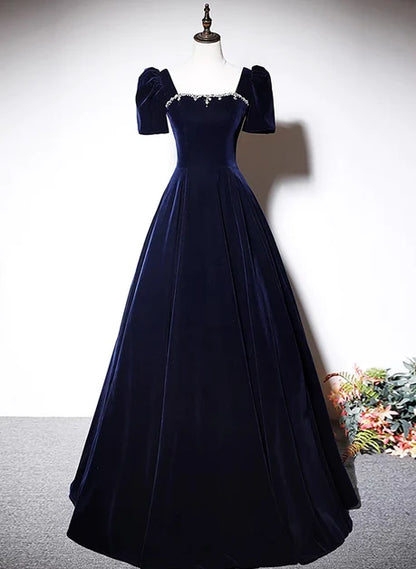 Dark Navy Velvet A-Line Square Neck Lace-up Floor-Length Dress Front View - Aabei Dress