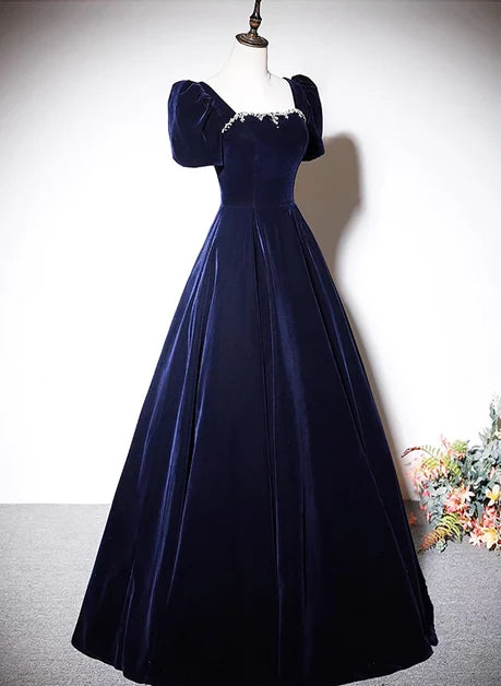 Dark Navy Velvet A-Line Square Neck Lace-up Floor-Length Dress - Aabei Dress