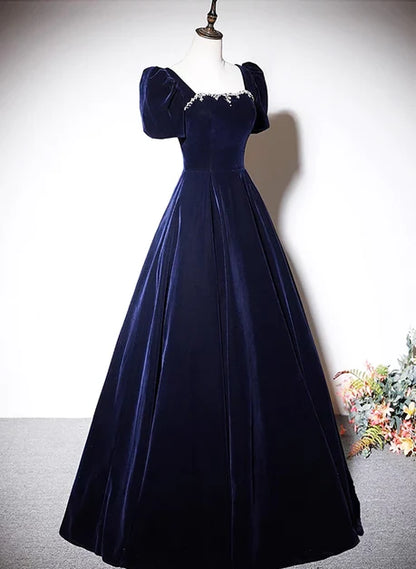 Dark Navy Velvet A-Line Square Neck Lace-up Floor-Length Dress - Aabei Dress
