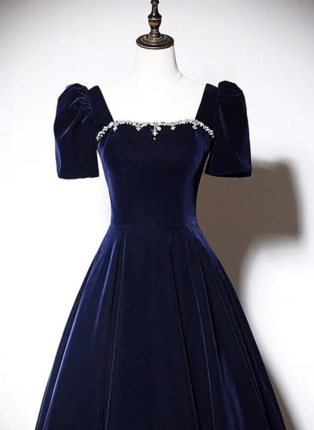 Dark Navy Velvet A-Line Square Neck Lace-up Floor-Length Dress - Aabei Dress