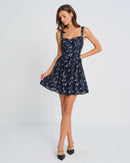 Dark Navy with Light Blue Floral Print Chiffon A-Line Above Knee Dress Front View - Aabei Dress