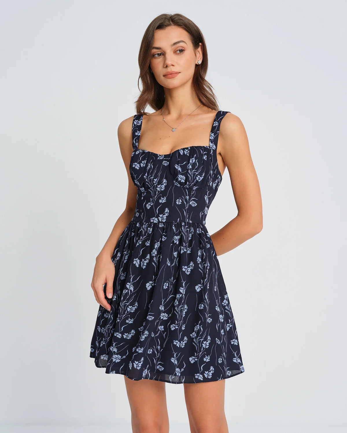 Dark Navy with Light Blue Floral Print Chiffon A-Line Above Knee Dress - Aabei Dress