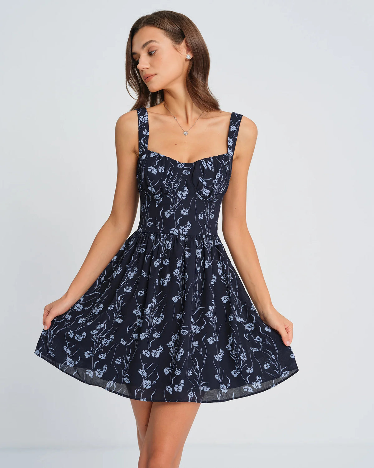Dark Navy with Light Blue Floral Print Chiffon A-Line Above Knee Dress - Aabei Dress