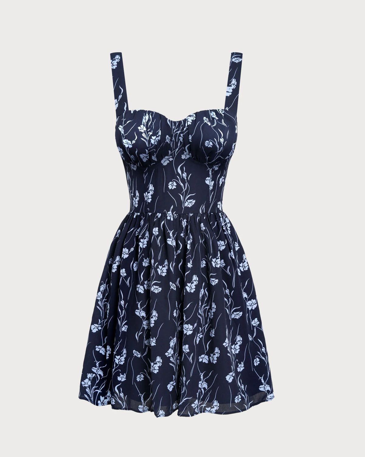 Dark Navy with Light Blue Floral Print Chiffon A-Line Above Knee Dress - Aabei Dress
